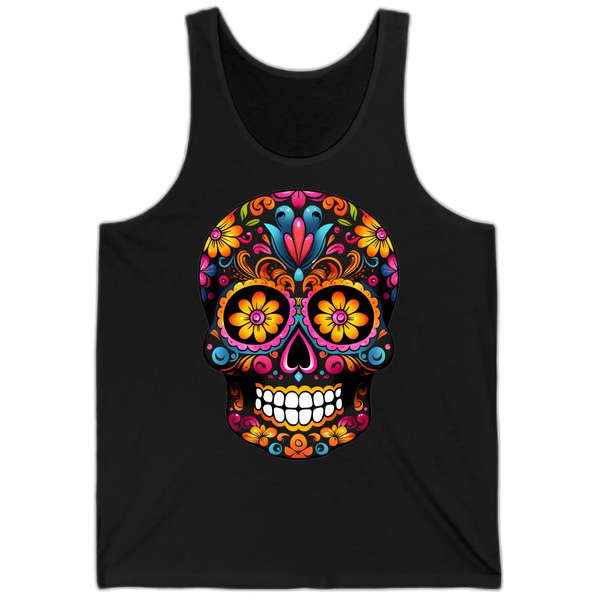 Vibrant Floral Calavera Sugar Skull Tank in Black