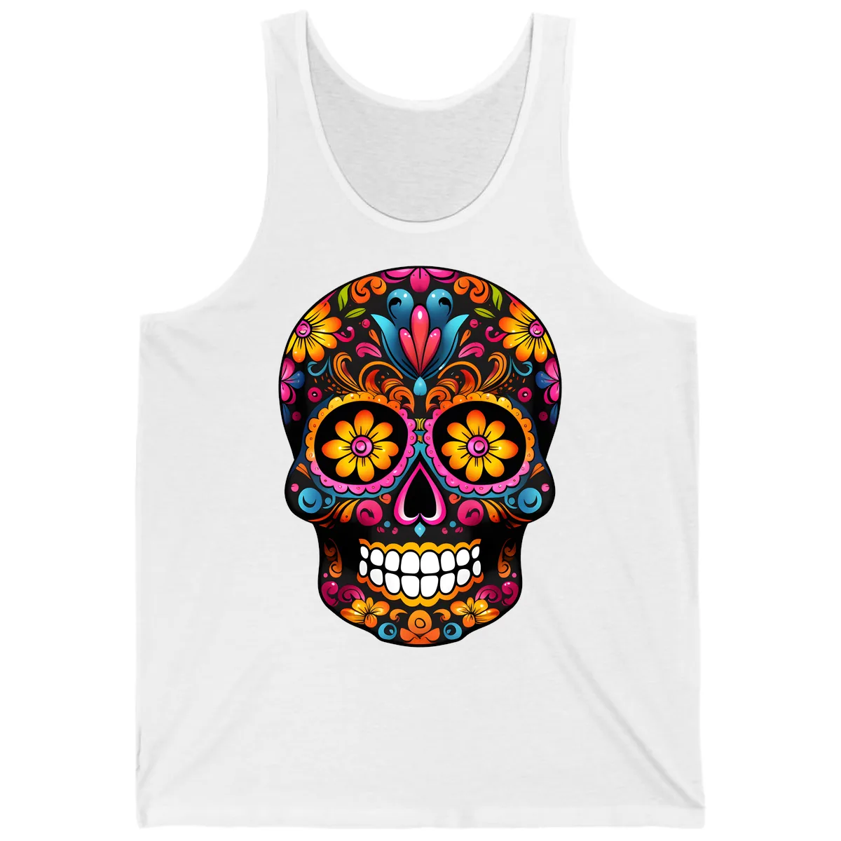 Vibrant Floral Calavera Sugar Skull Tank in White