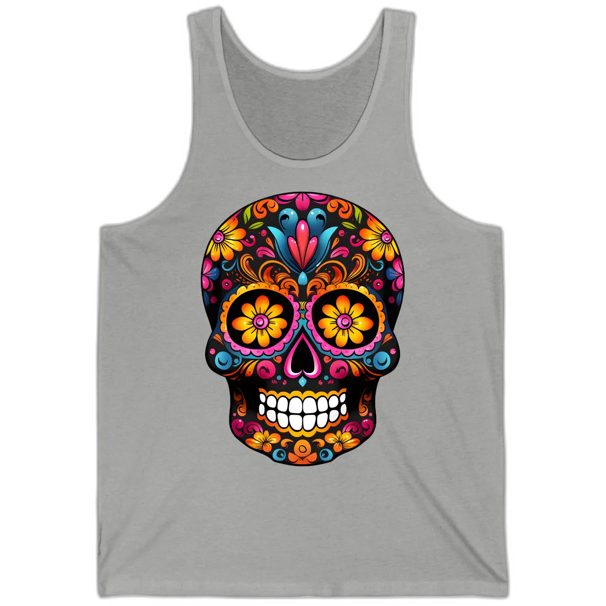 Vibrant Floral Calavera Sugar Skull Tank in Athletic Heather