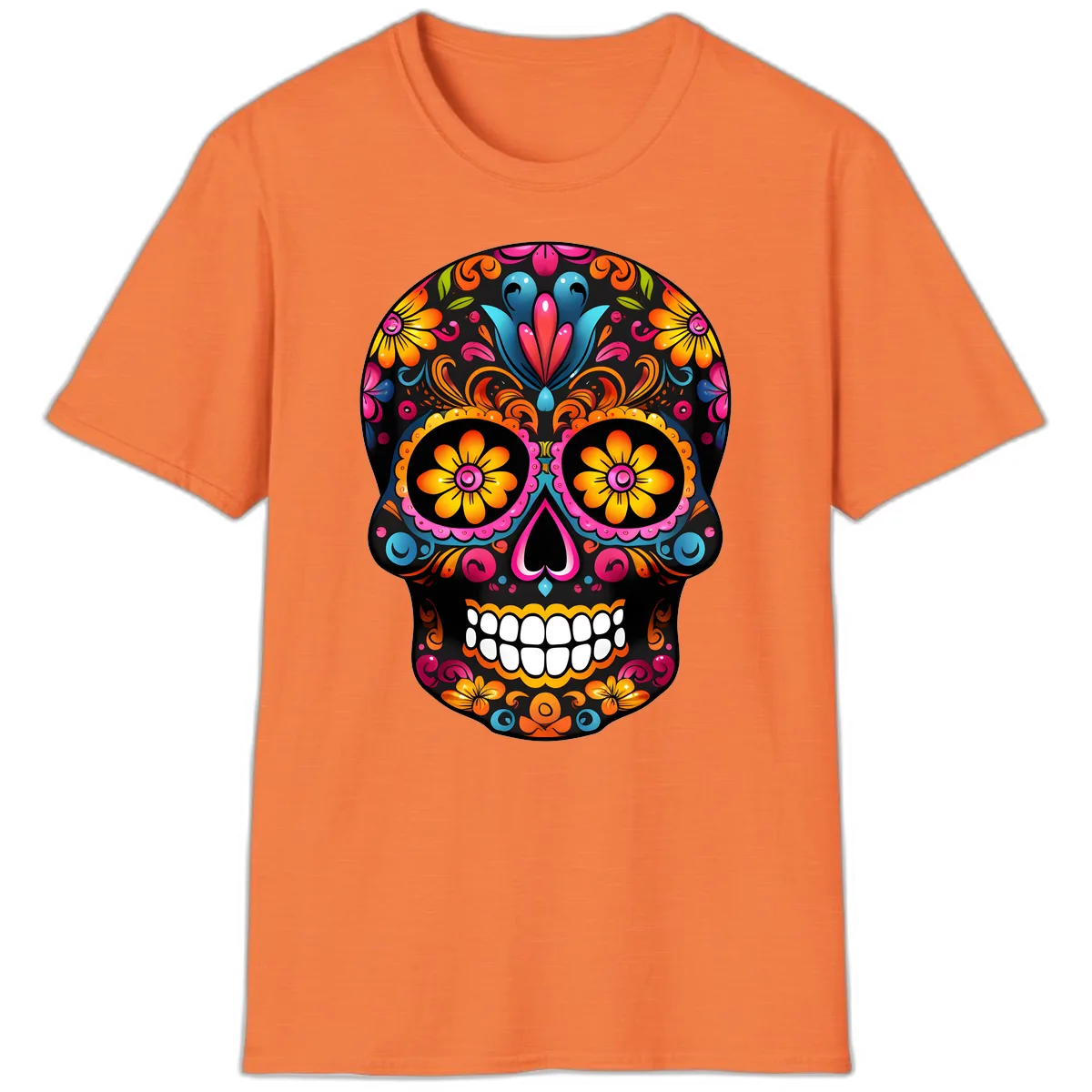 Vibrant Floral Calavera Sugar Skull T-Shirt in Heather Orange