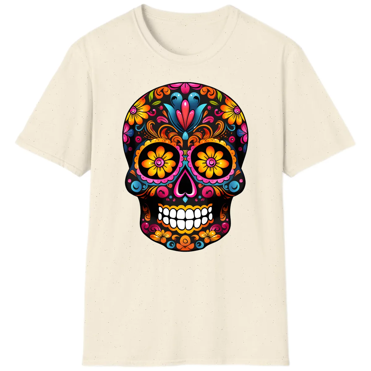 Vibrant Floral Calavera Sugar Skull T-Shirt in Natural