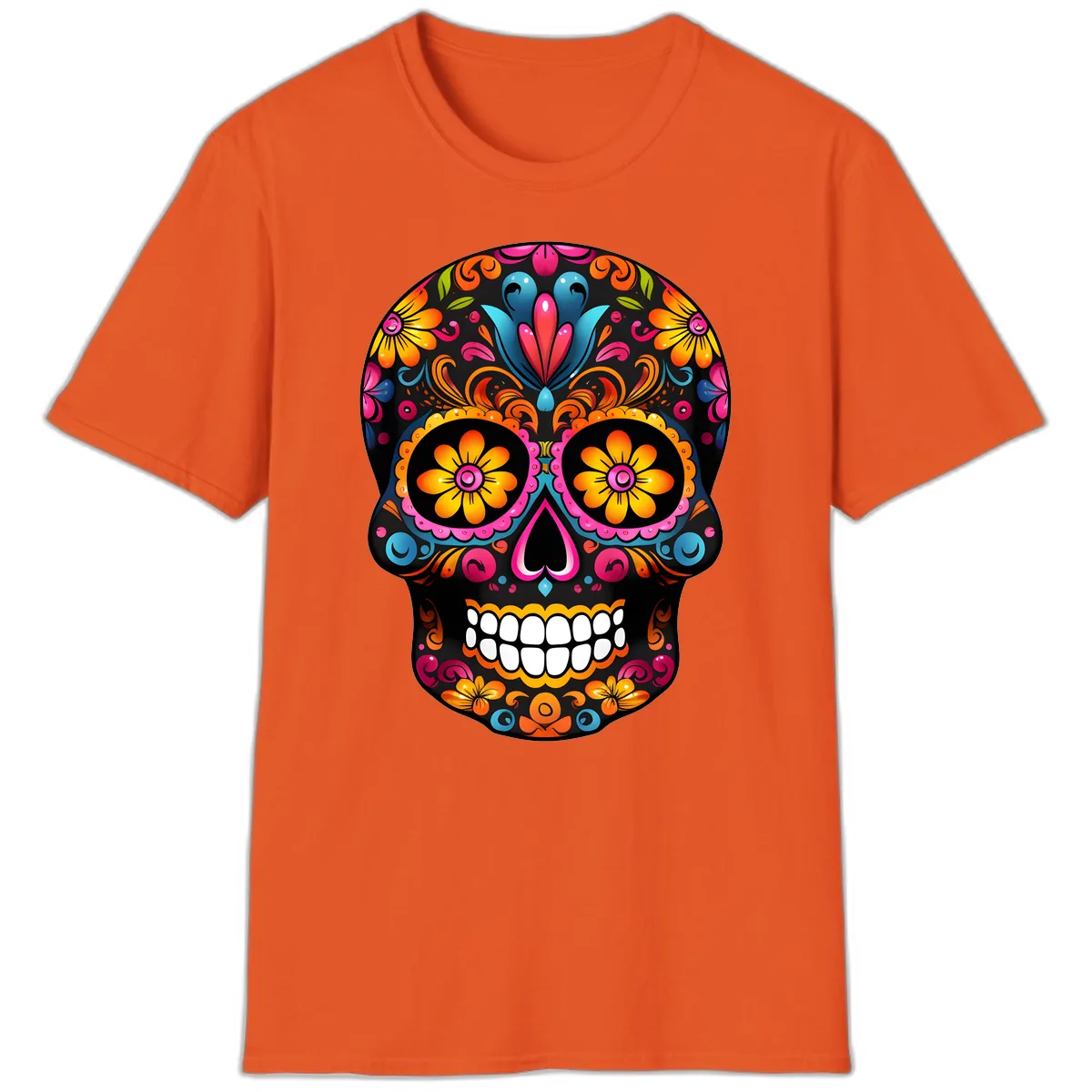 Vibrant Floral Calavera Sugar Skull T-Shirt in Orange