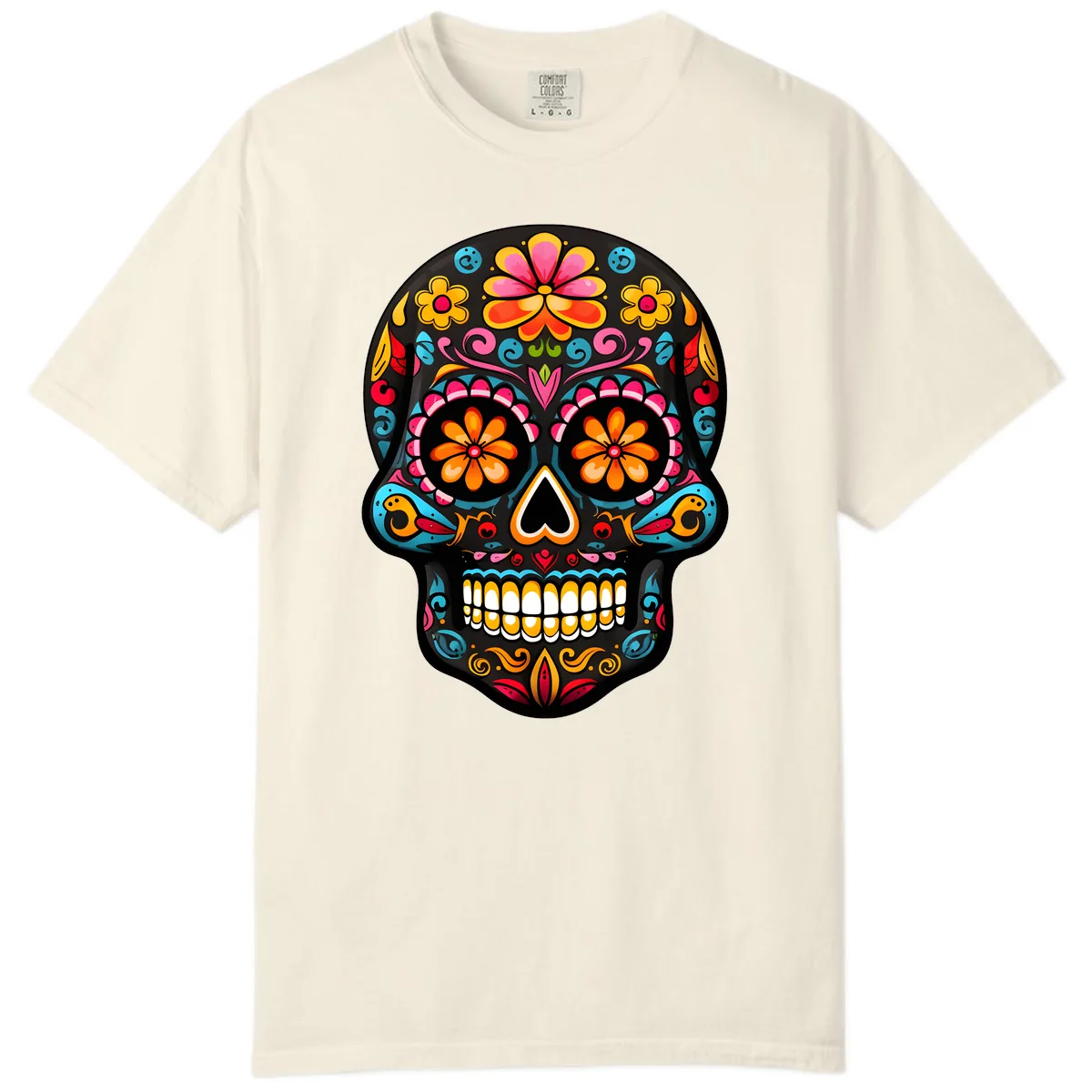 Vibrant Floral Day of the Dead Sugar Skull Calavera Comfort Color in Ivory