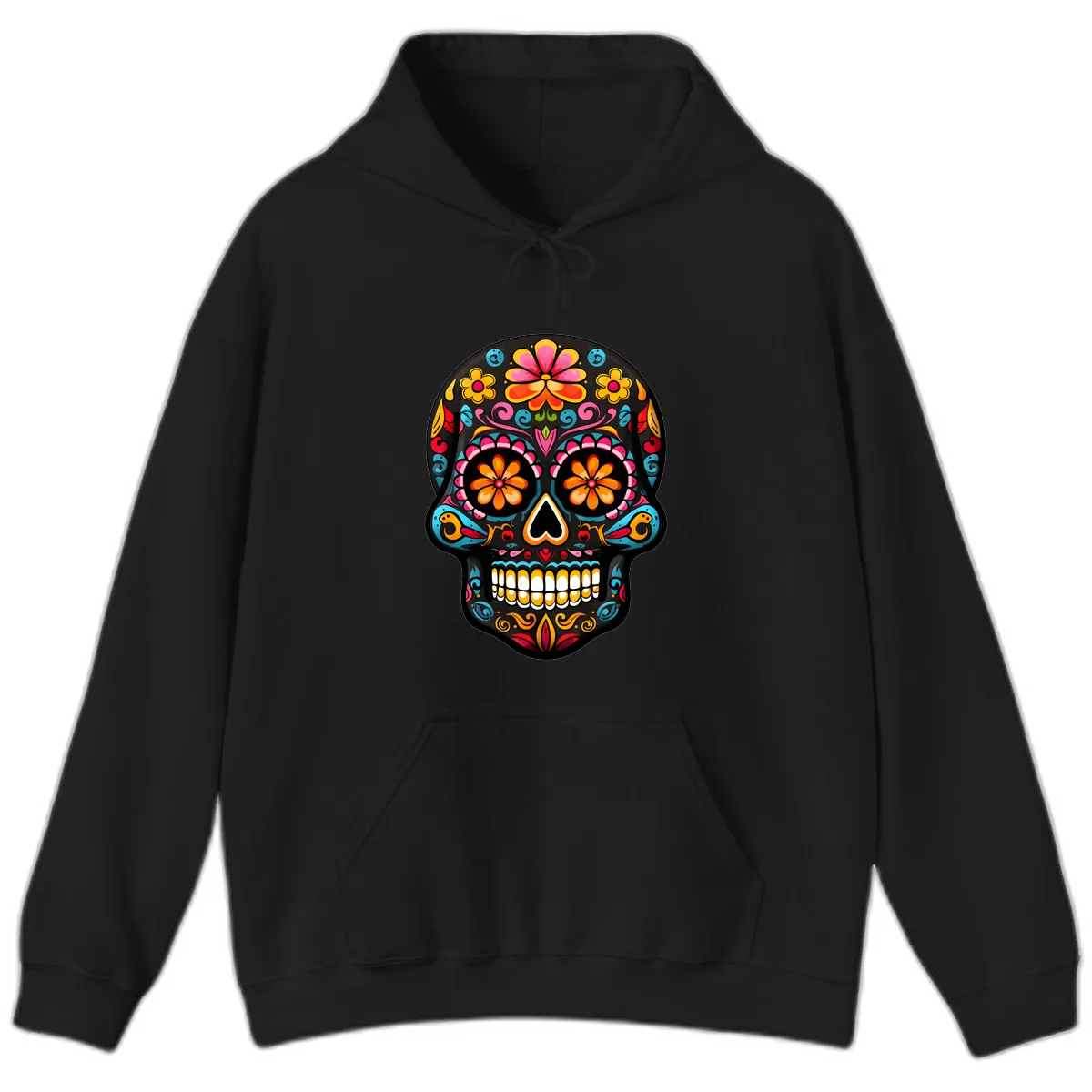 Vibrant Floral Day of the Dead Sugar Skull Calavera Hoodie in Black