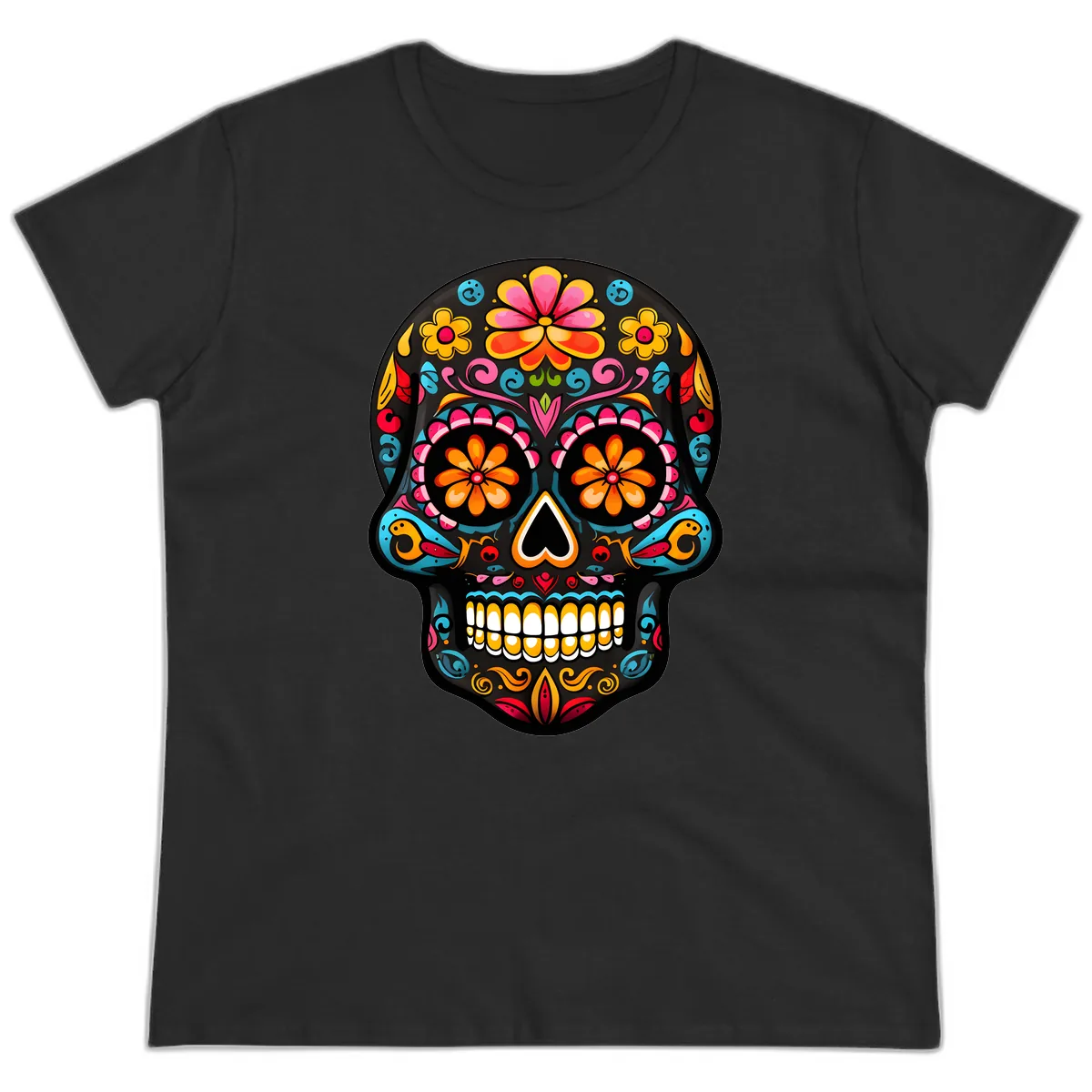 Vibrant Floral Day of the Dead Sugar Skull Calavera Ladies Tee in Black