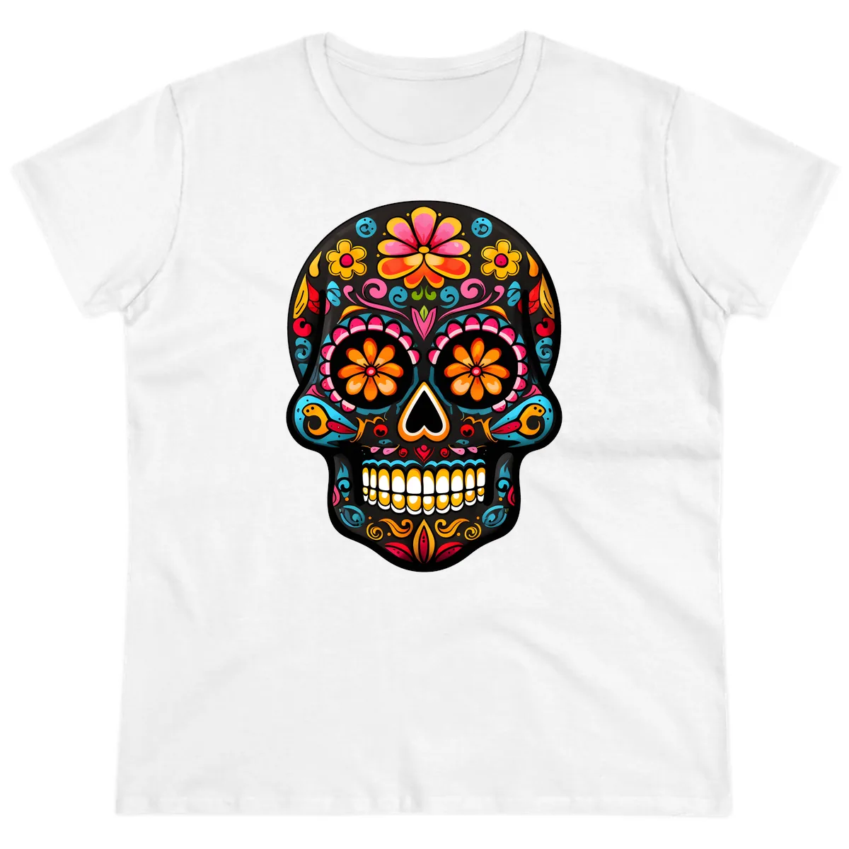 Vibrant Floral Day of the Dead Sugar Skull Calavera Ladies Tee in White