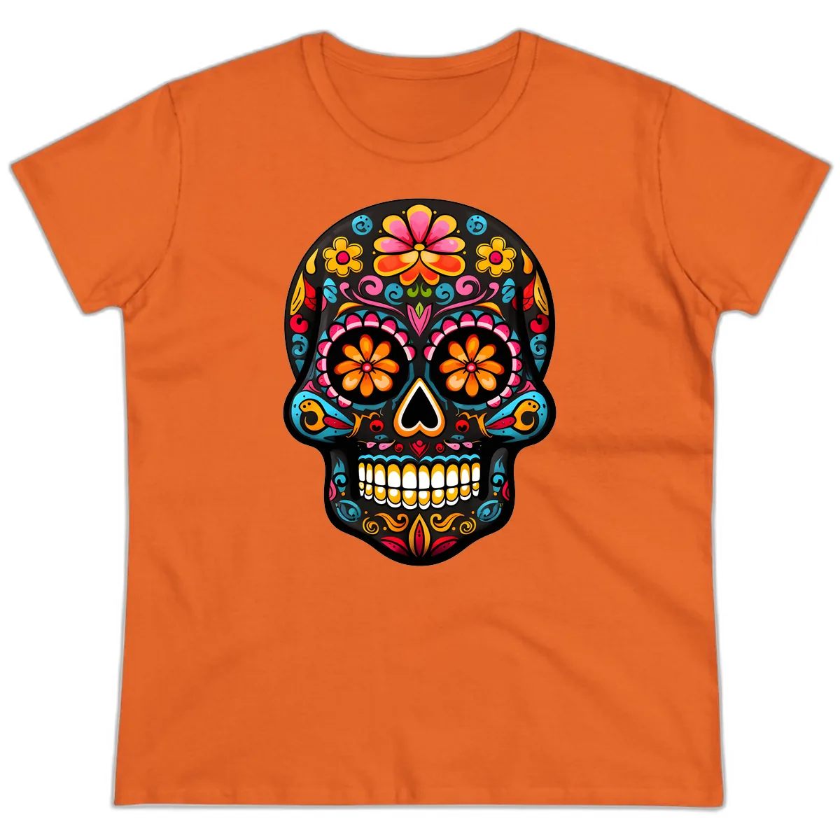 Vibrant Floral Day of the Dead Sugar Skull Calavera Ladies Tee in Orange