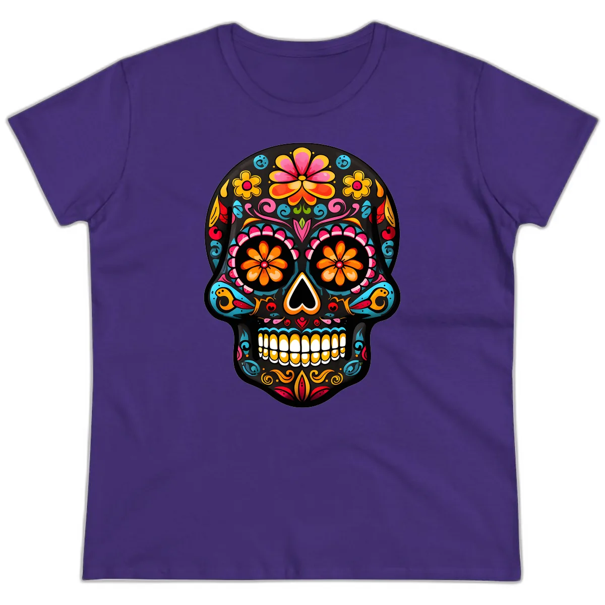 Vibrant Floral Day of the Dead Sugar Skull Calavera Ladies Tee in Purple