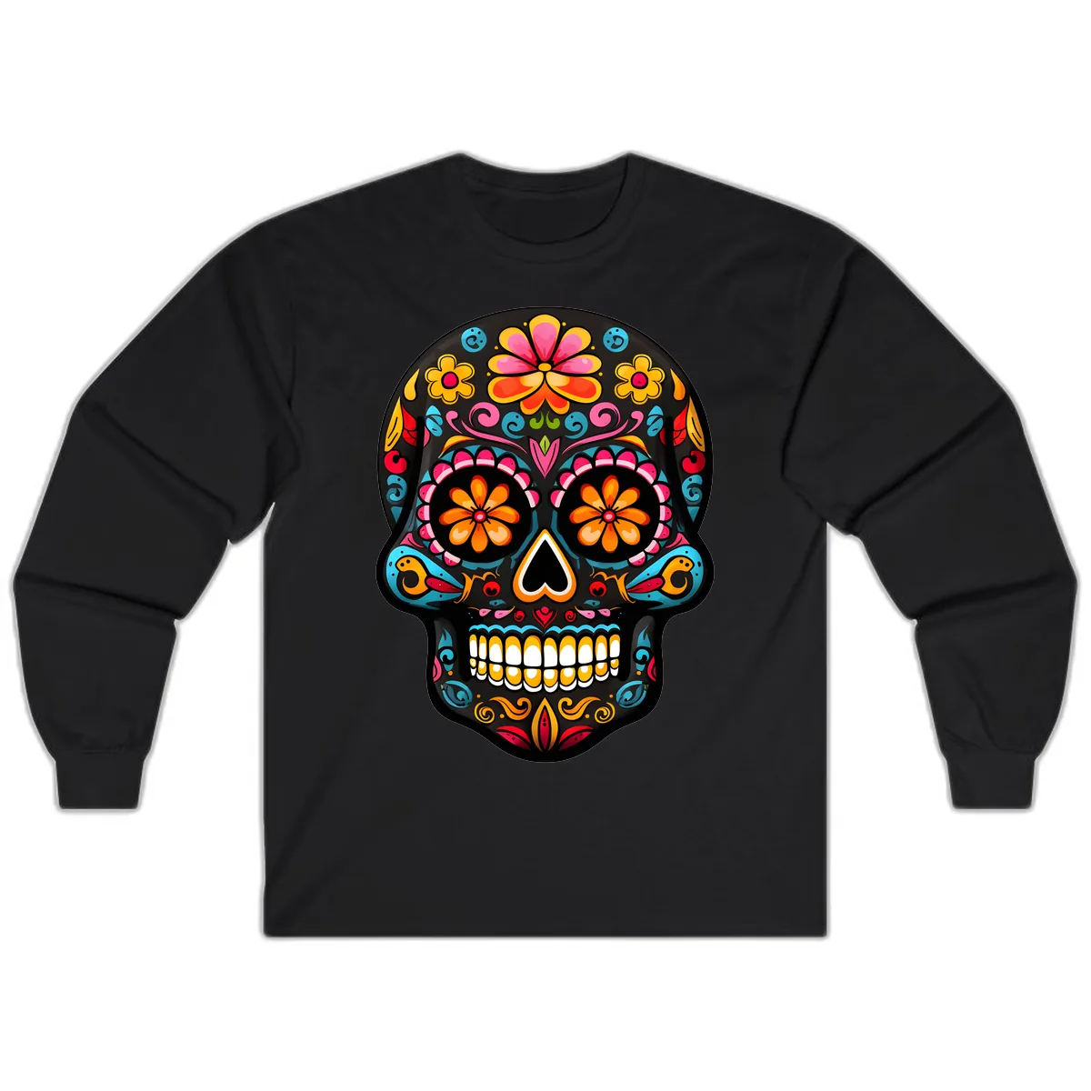 Vibrant Floral Day of the Dead Sugar Skull Calavera Long Sleeve in Black