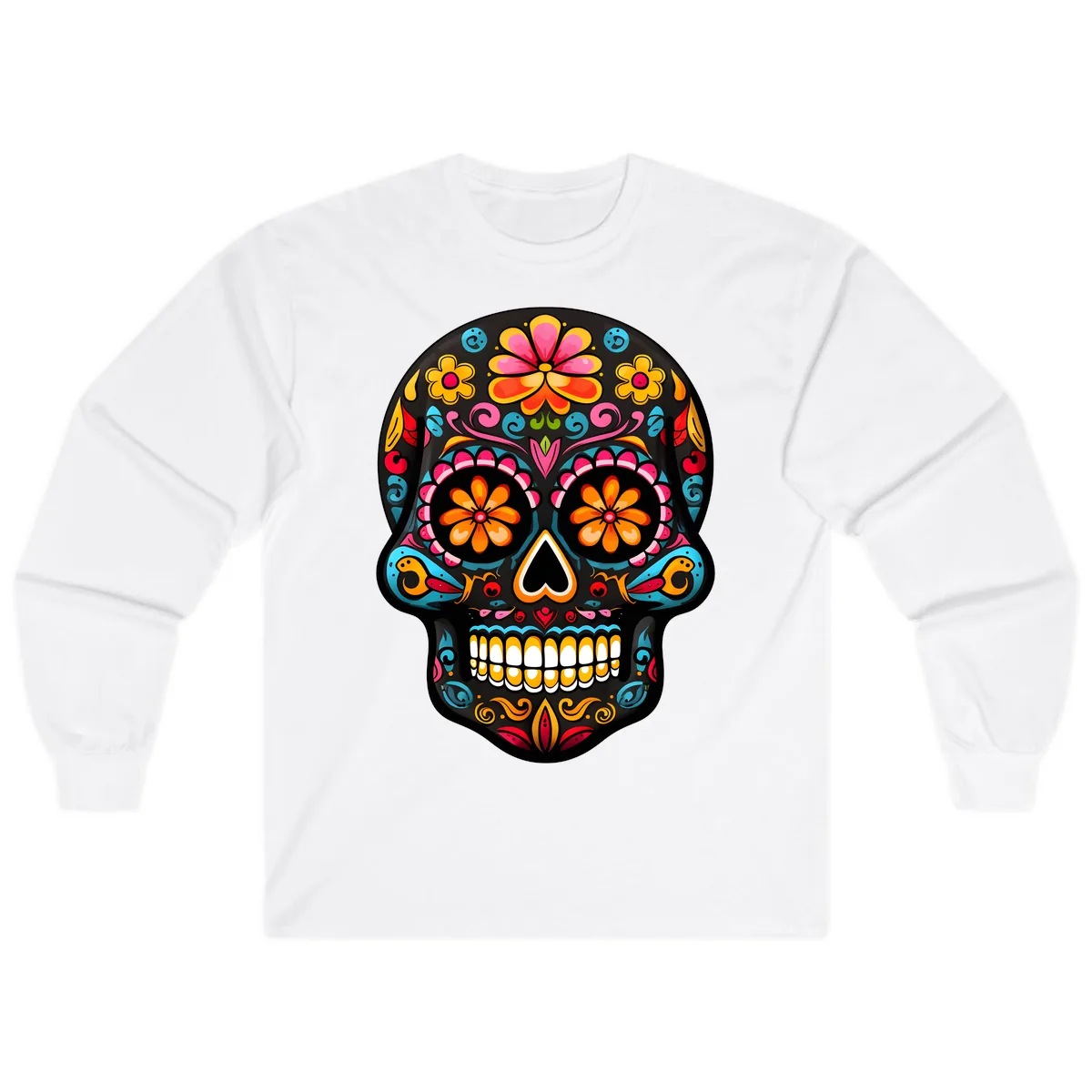 Vibrant Floral Day of the Dead Sugar Skull Calavera Long Sleeve in White