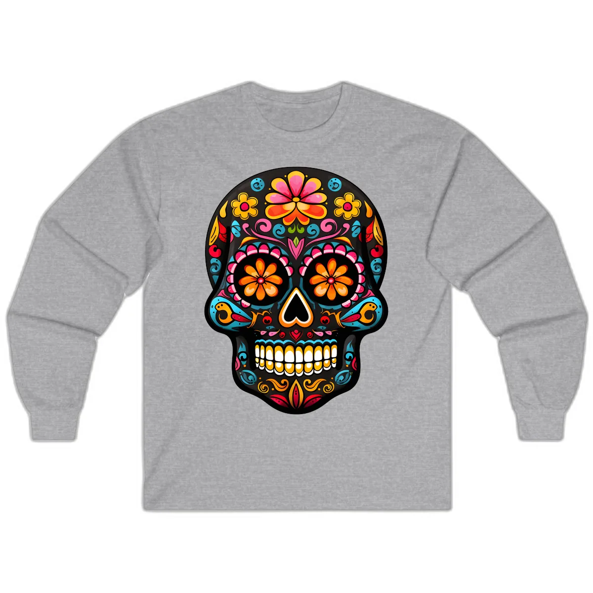 Vibrant Floral Day of the Dead Sugar Skull Calavera Long Sleeve in Sport Grey