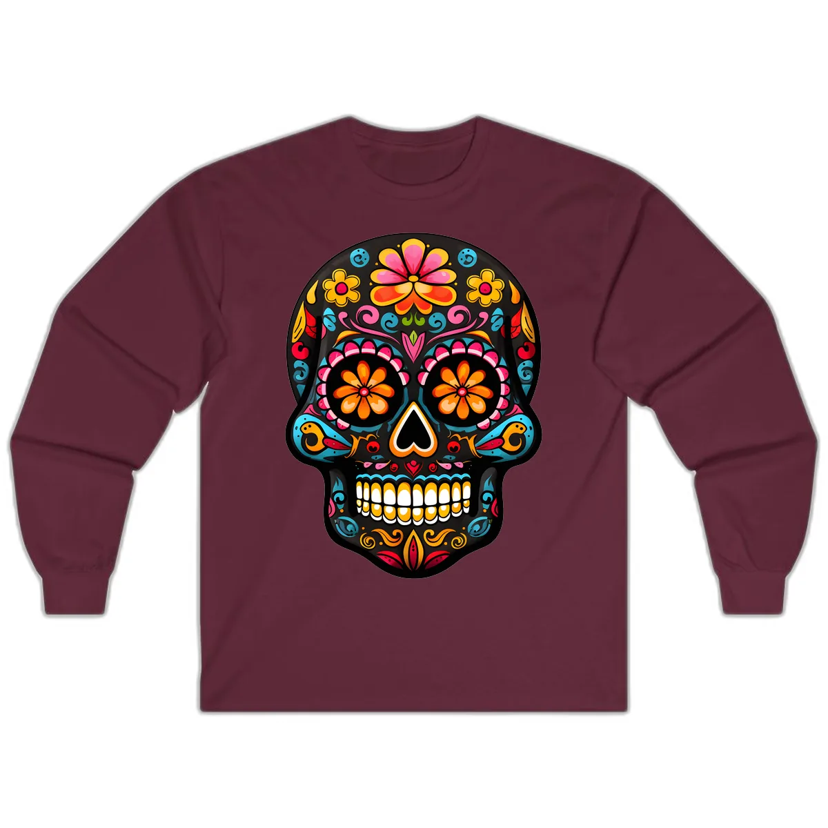 Vibrant Floral Day of the Dead Sugar Skull Calavera Long Sleeve in Maroon