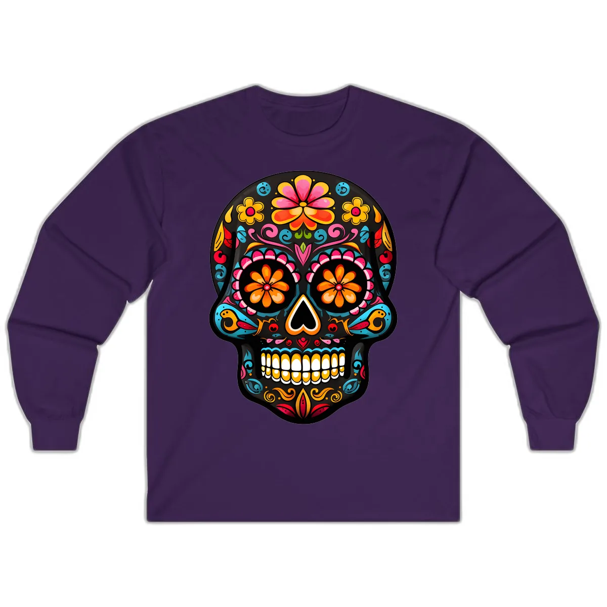 Vibrant Floral Day of the Dead Sugar Skull Calavera Long Sleeve in Purple