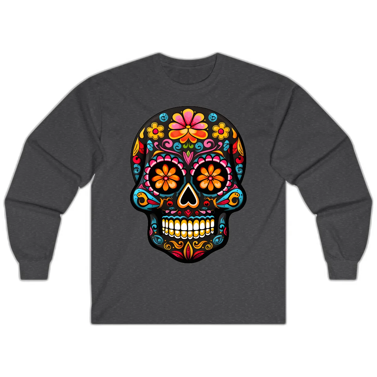 Vibrant Floral Day of the Dead Sugar Skull Calavera Long Sleeve in Dark Heather