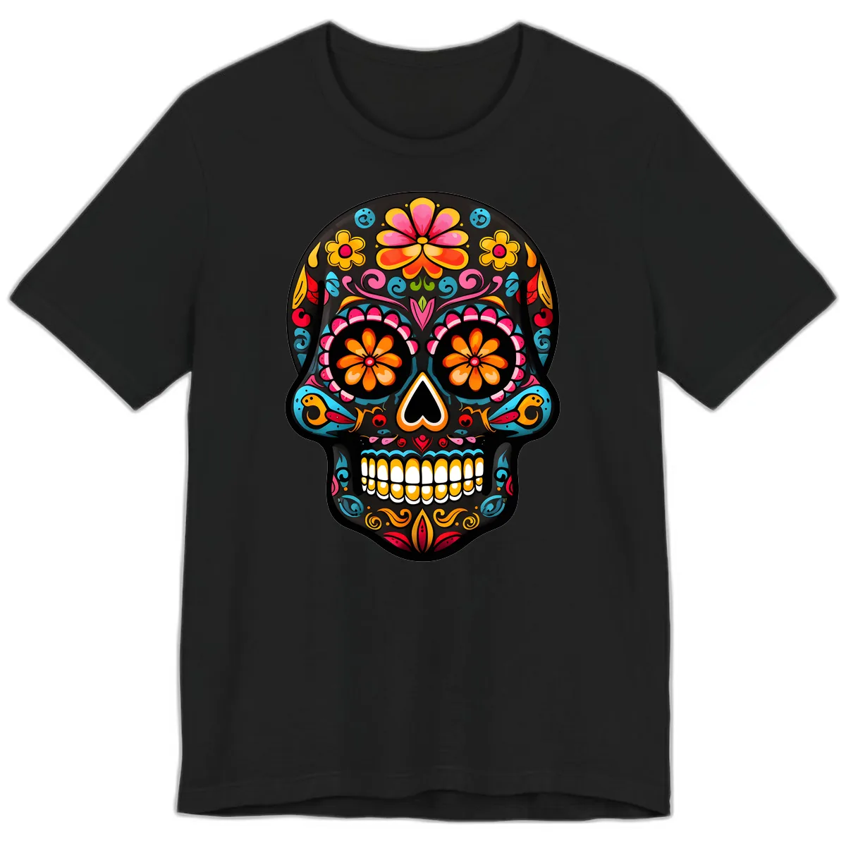 Vibrant Floral Day of the Dead Sugar Skull Calavera Premium T-Shirt in Black