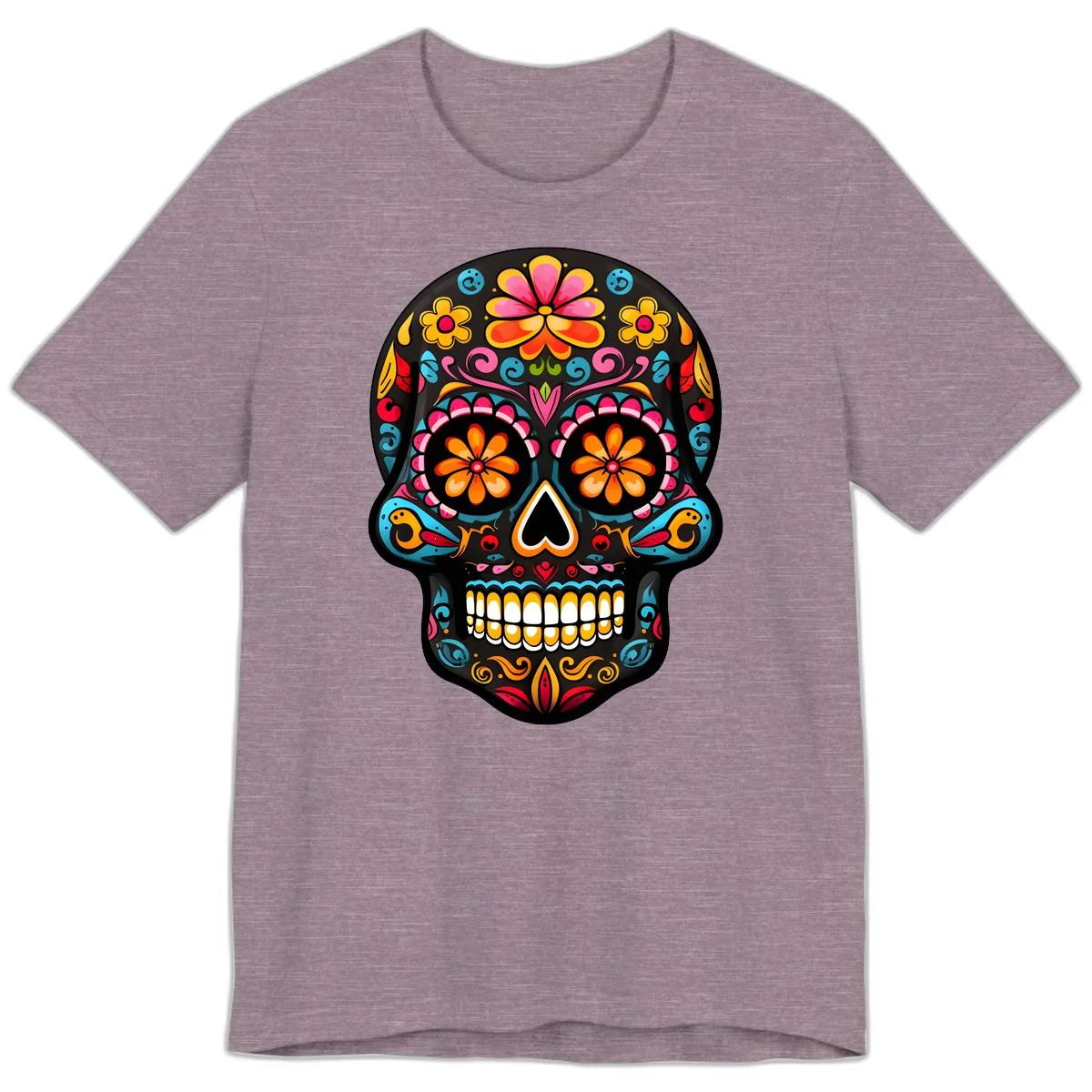Vibrant Floral Day of the Dead Sugar Skull Calavera Premium T-Shirt in Heather Purple