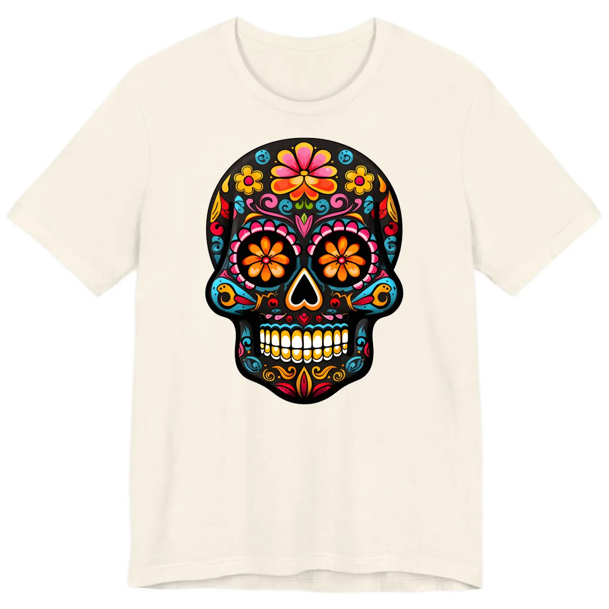Vibrant Floral Day of the Dead Sugar Skull Calavera Premium T-Shirt in Natural