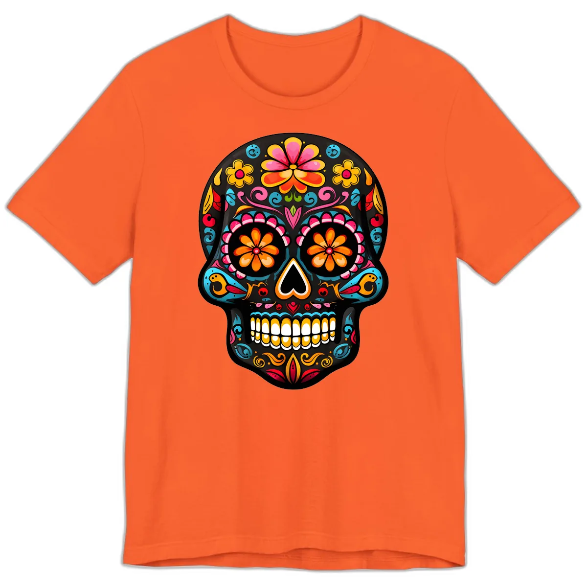 Vibrant Floral Day of the Dead Sugar Skull Calavera Premium T-Shirt in Orange