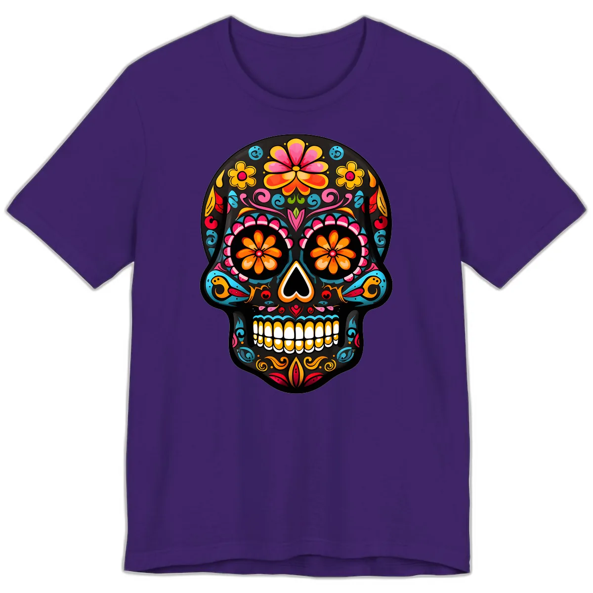 Vibrant Floral Day of the Dead Sugar Skull Calavera Premium T-Shirt in Team Purple