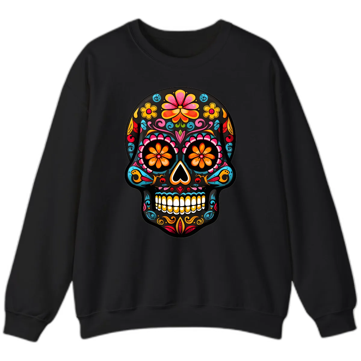 Vibrant Floral Day of the Dead Sugar Skull Calavera Sweatshirt in Black