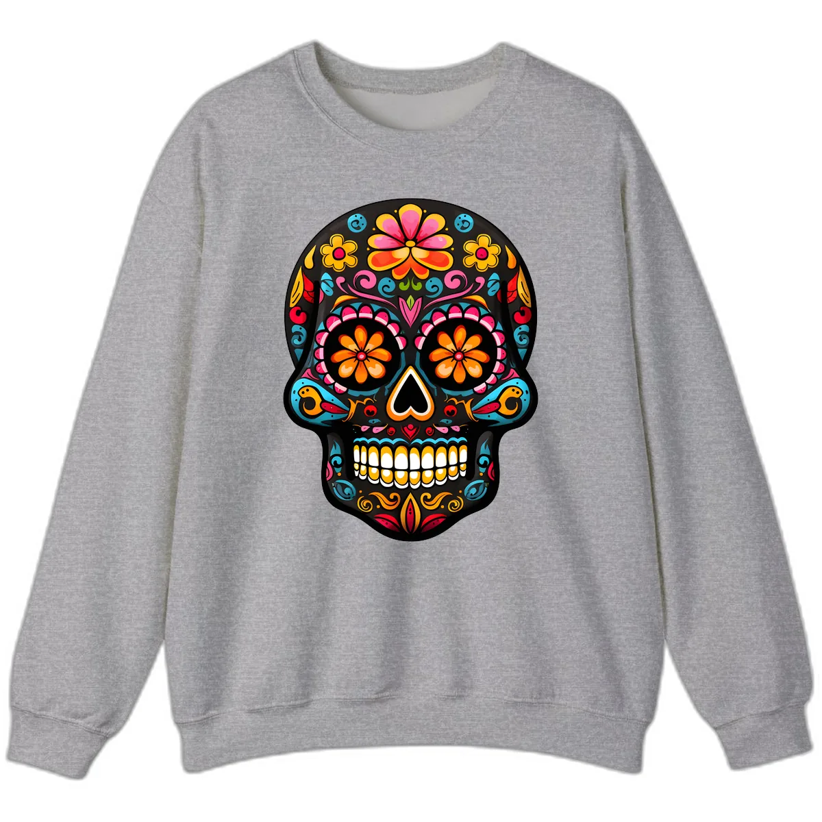 Vibrant Floral Day of the Dead Sugar Skull Calavera Sweatshirt in Sport Grey