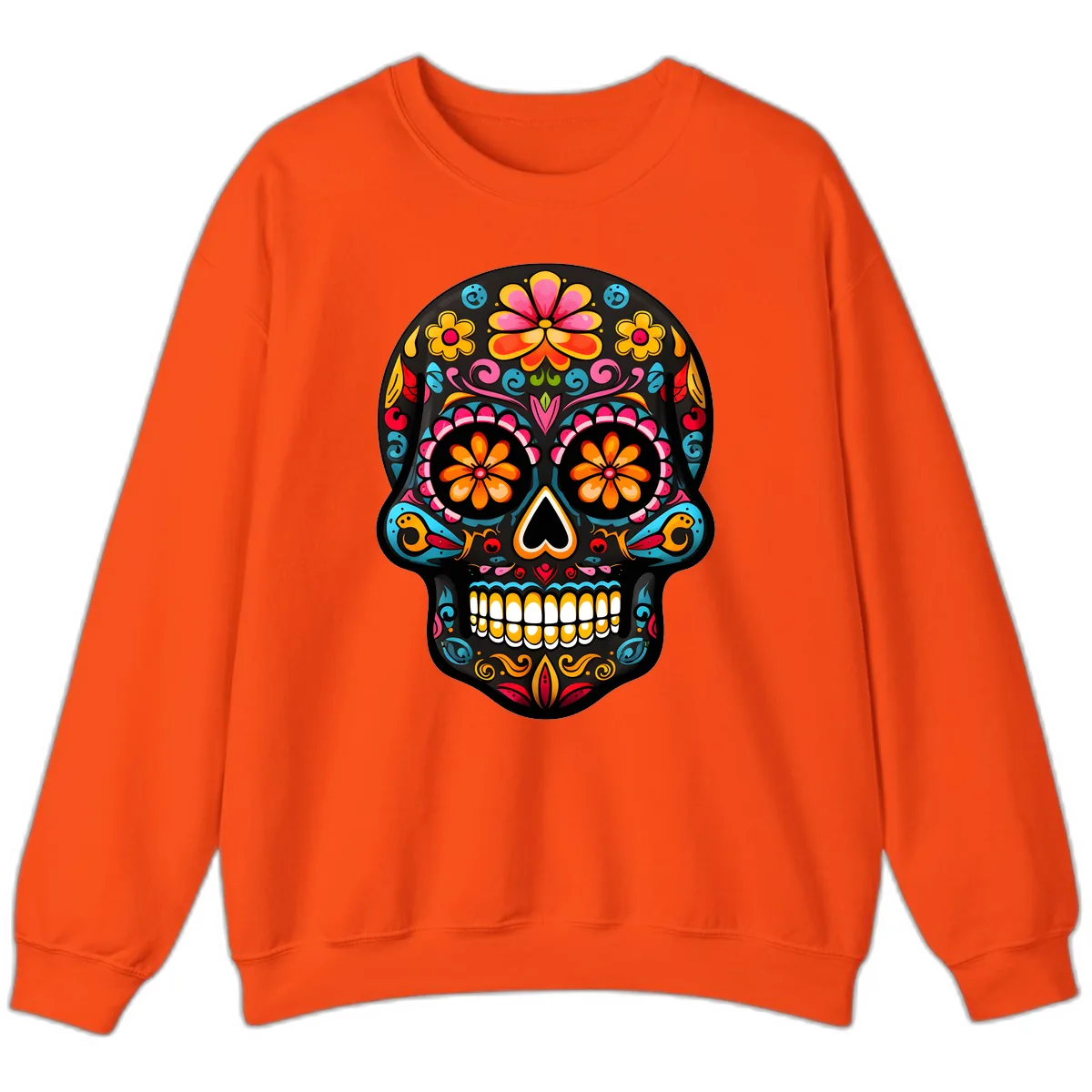Vibrant Floral Day of the Dead Sugar Skull Calavera Sweatshirt in Orange