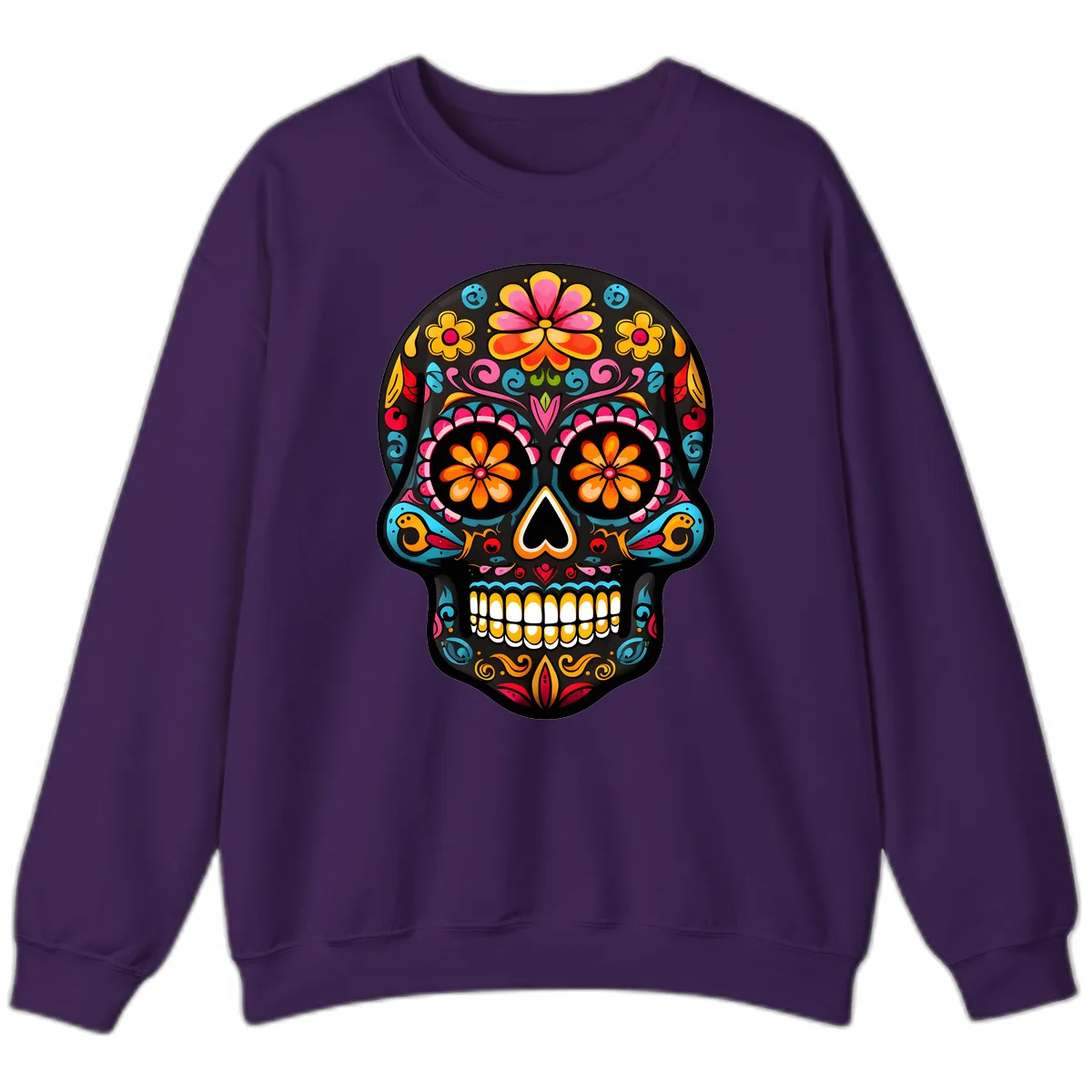 Vibrant Floral Day of the Dead Sugar Skull Calavera Sweatshirt in Purple