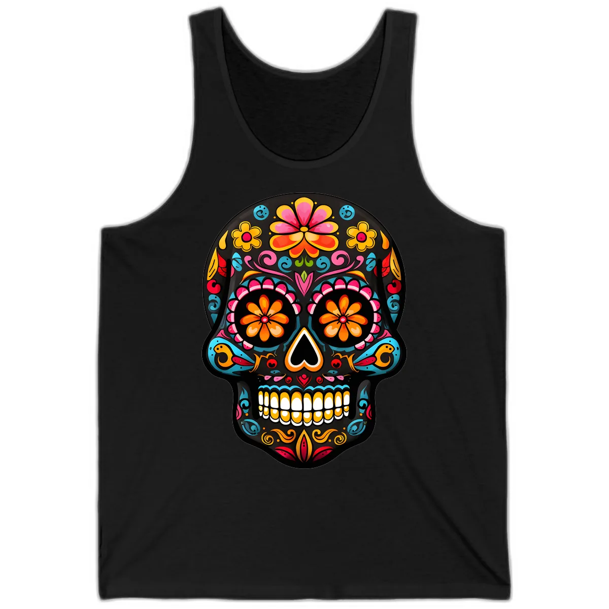Vibrant Floral Day of the Dead Sugar Skull Calavera Tank in Black