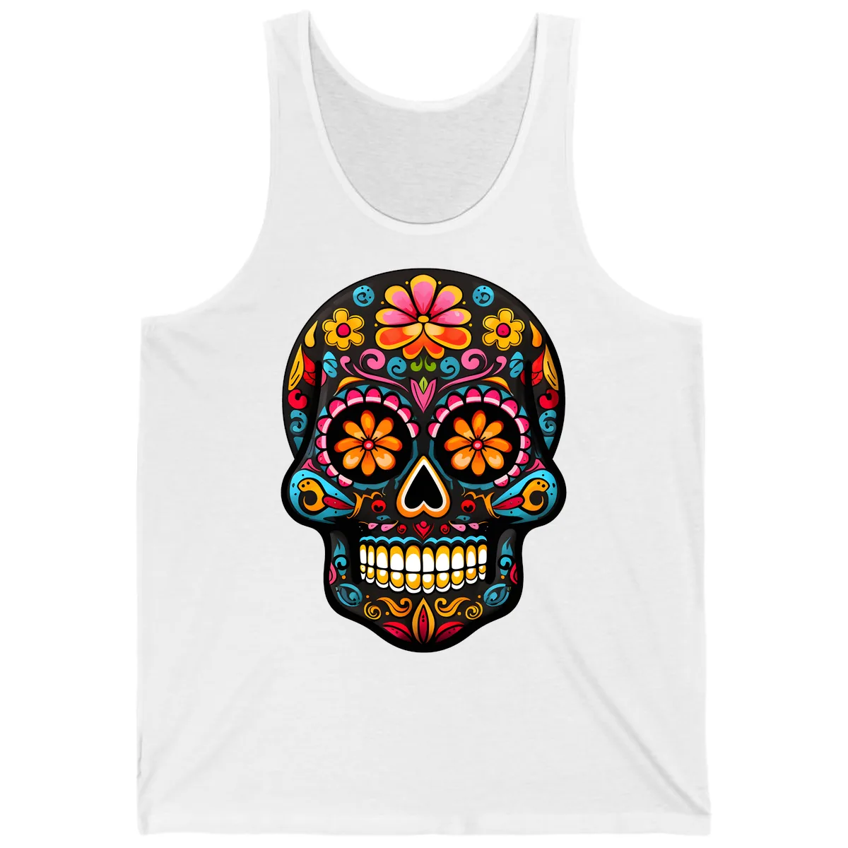 Vibrant Floral Day of the Dead Sugar Skull Calavera Tank in White
