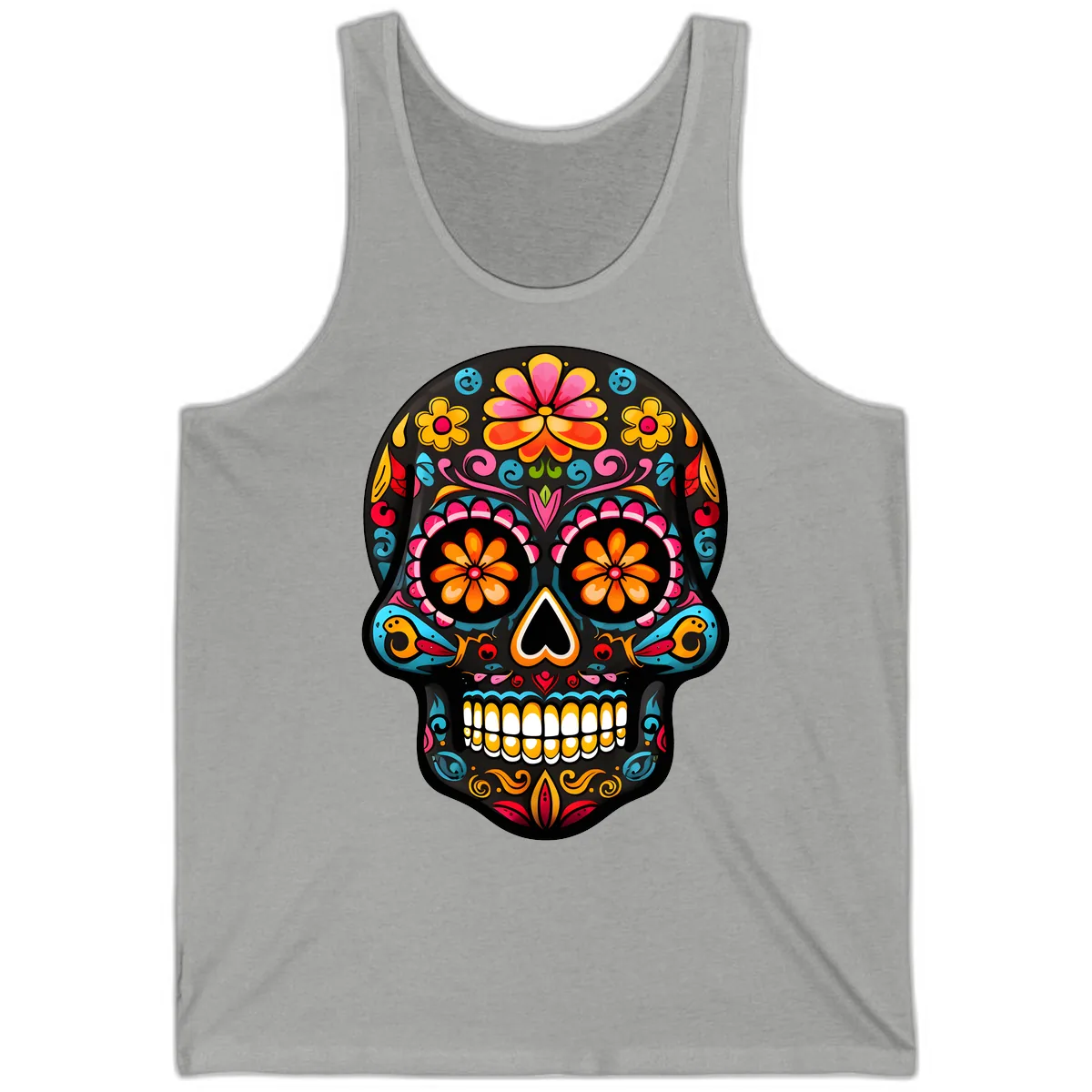 Vibrant Floral Day of the Dead Sugar Skull Calavera Tank in Athletic Heather