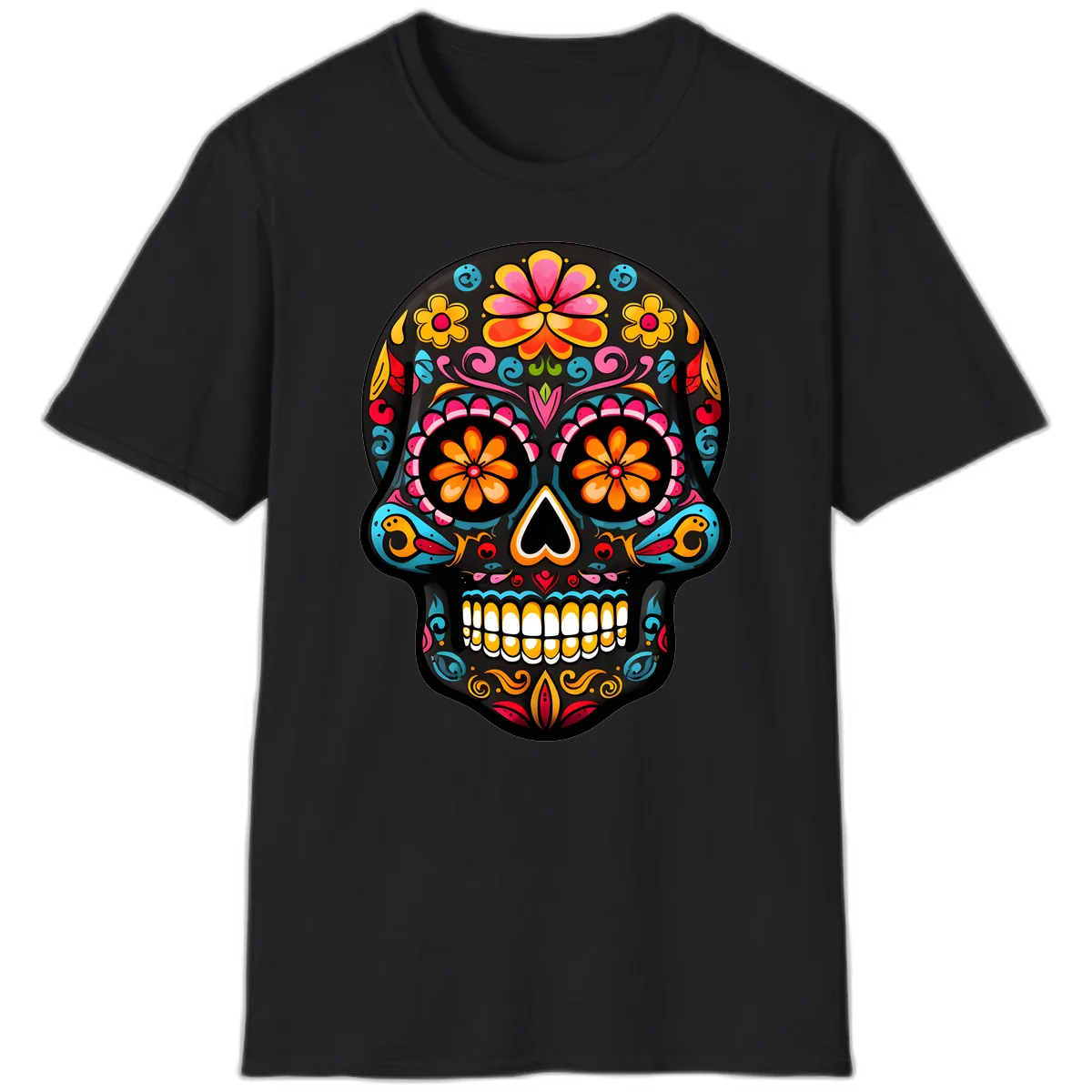 Vibrant Floral Day of the Dead Sugar Skull Calavera T-Shirt in Black