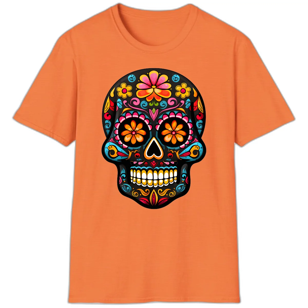 Vibrant Floral Day of the Dead Sugar Skull Calavera T-Shirt in Heather Orange