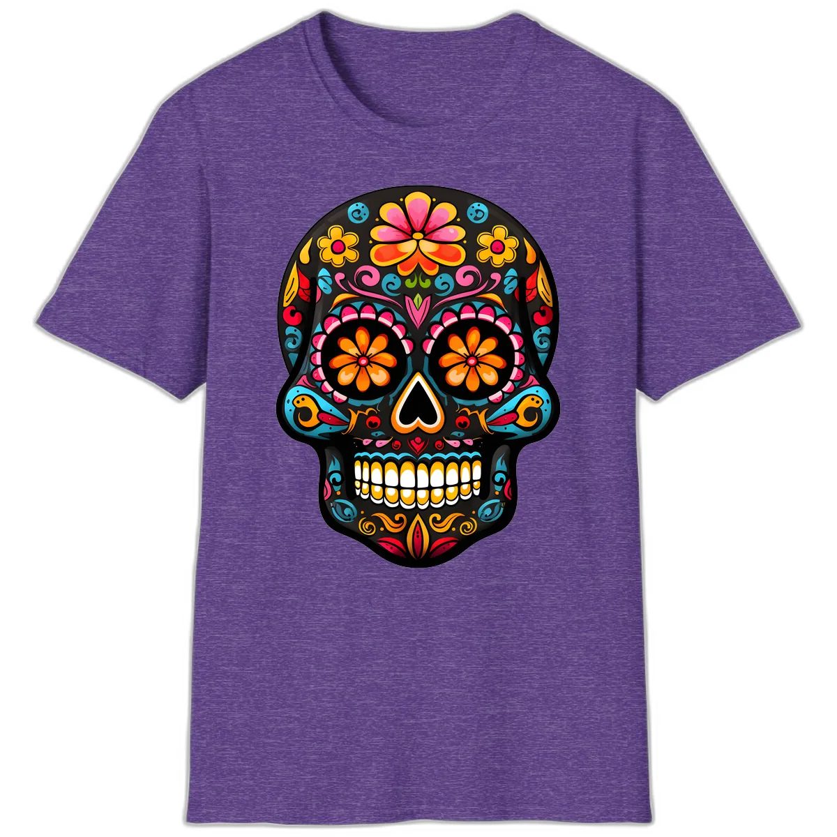 Vibrant Floral Day of the Dead Sugar Skull Calavera T-Shirt in Heather Purple
