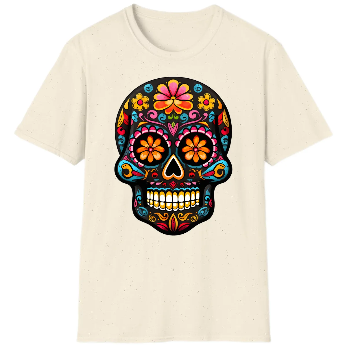 Vibrant Floral Day of the Dead Sugar Skull Calavera T-Shirt in Natural
