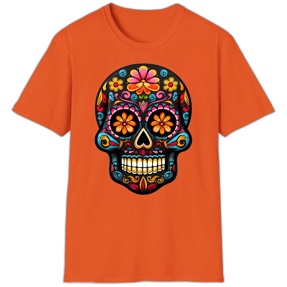 Vibrant Floral Day of the Dead Sugar Skull Calavera T-Shirt in Orange