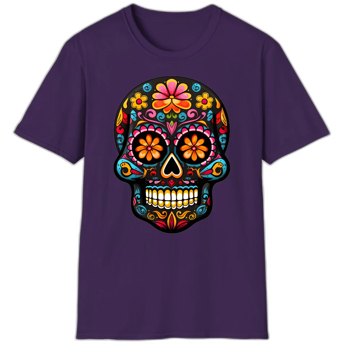 Vibrant Floral Day of the Dead Sugar Skull Calavera T-Shirt in Purple
