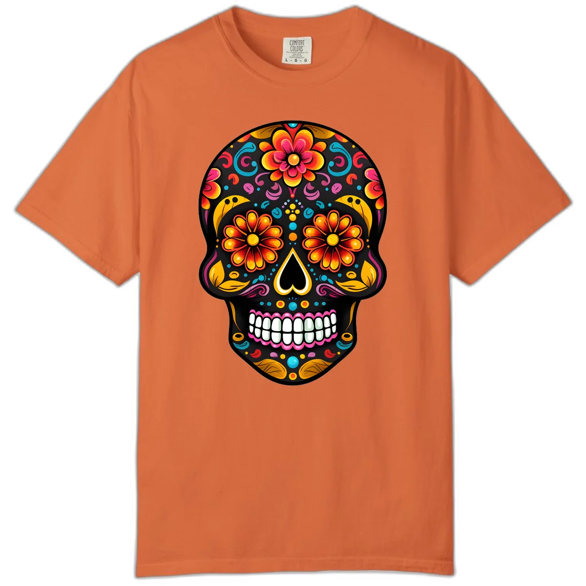 Vibrant Floral Calavera Sugar Skull Comfort Color in Burnt Orange