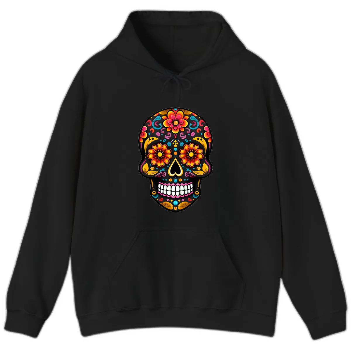 Vibrant Floral Calavera Sugar Skull Hoodie in Black