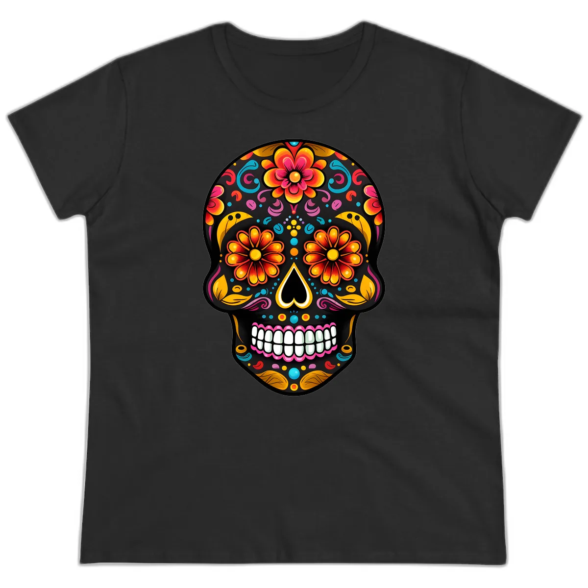 Vibrant Floral Calavera Sugar Skull Ladies Tee in Black