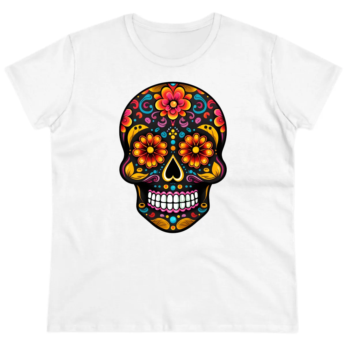 Vibrant Floral Calavera Sugar Skull Ladies Tee in White