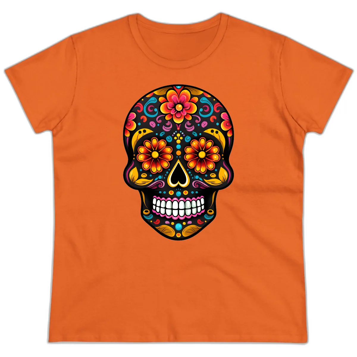Vibrant Floral Calavera Sugar Skull Ladies Tee in Orange