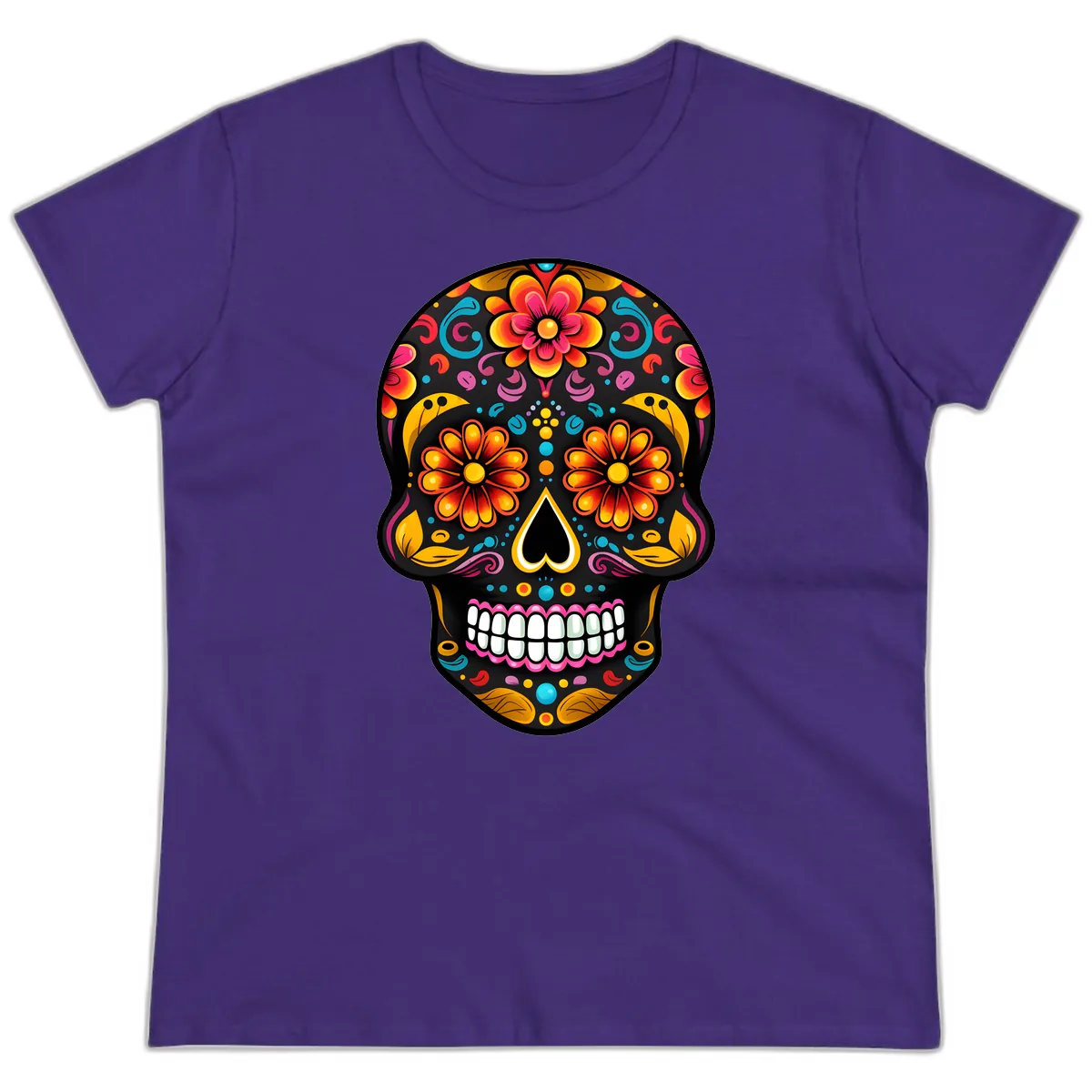 Vibrant Floral Calavera Sugar Skull Ladies Tee in Purple