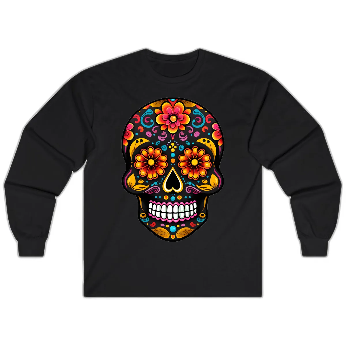 Vibrant Floral Calavera Sugar Skull Long Sleeve in Black
