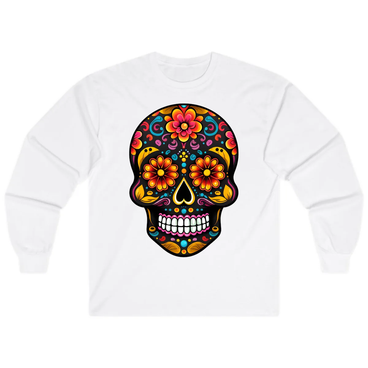 Vibrant Floral Calavera Sugar Skull Long Sleeve in White