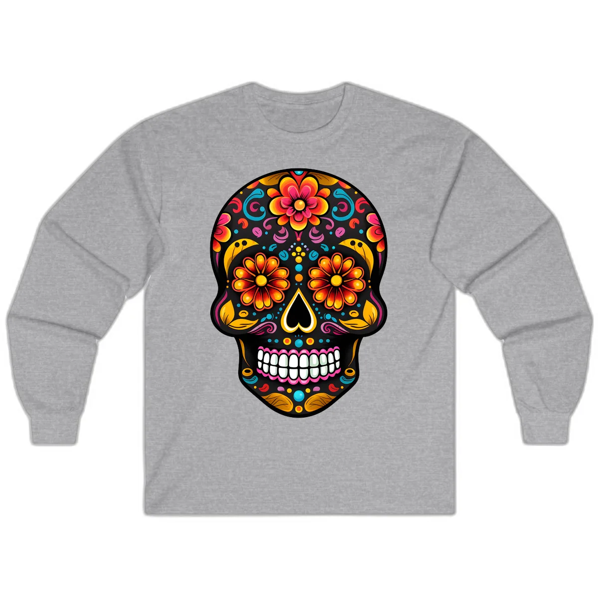 Vibrant Floral Calavera Sugar Skull Long Sleeve in Sport Grey