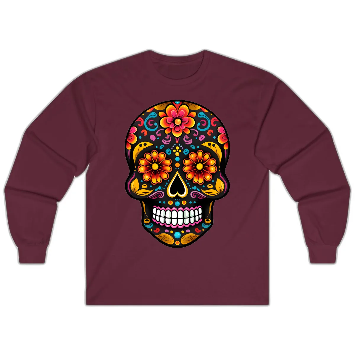 Vibrant Floral Calavera Sugar Skull Long Sleeve in Maroon