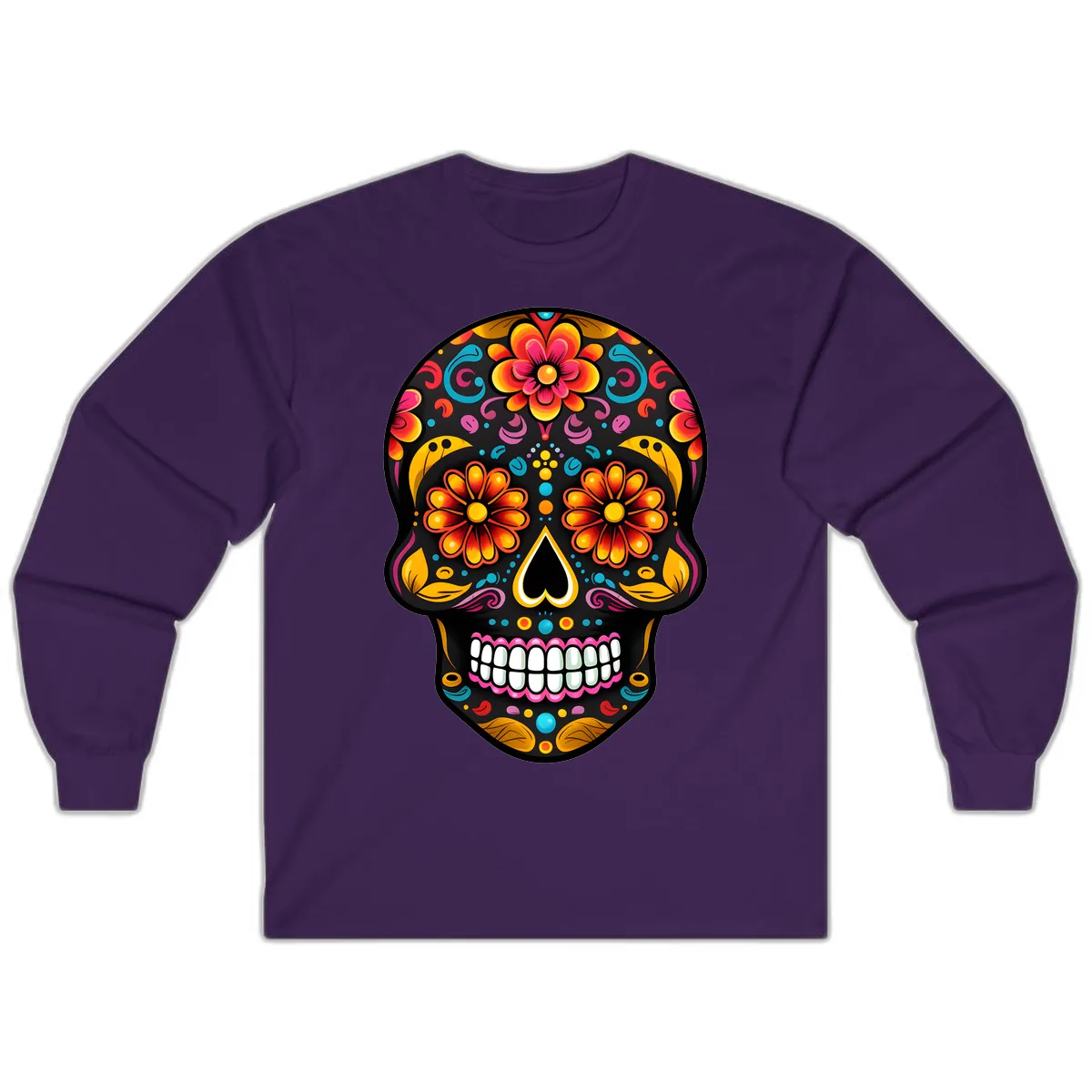 Vibrant Floral Calavera Sugar Skull Long Sleeve in Purple