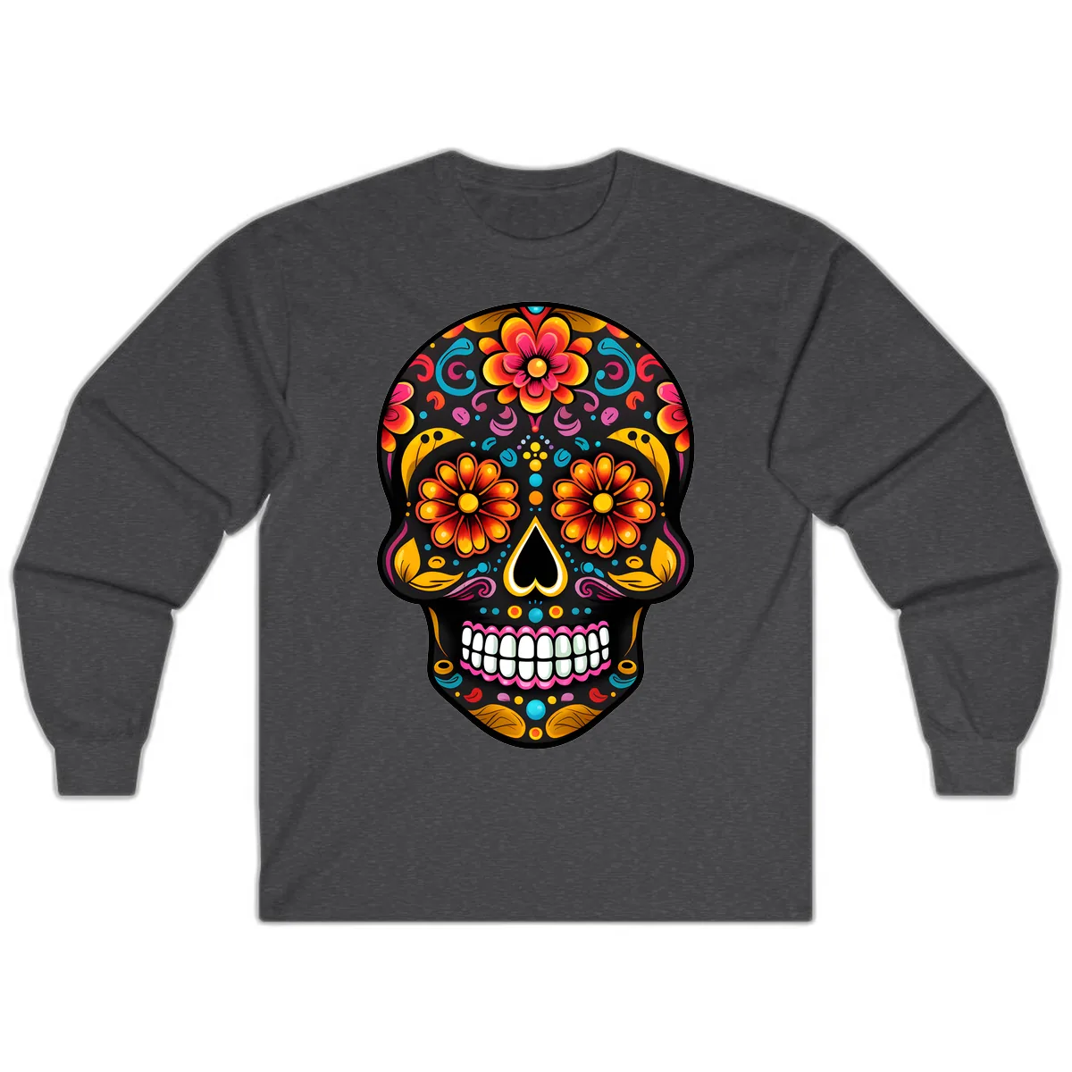 Vibrant Floral Calavera Sugar Skull Long Sleeve in Dark Heather
