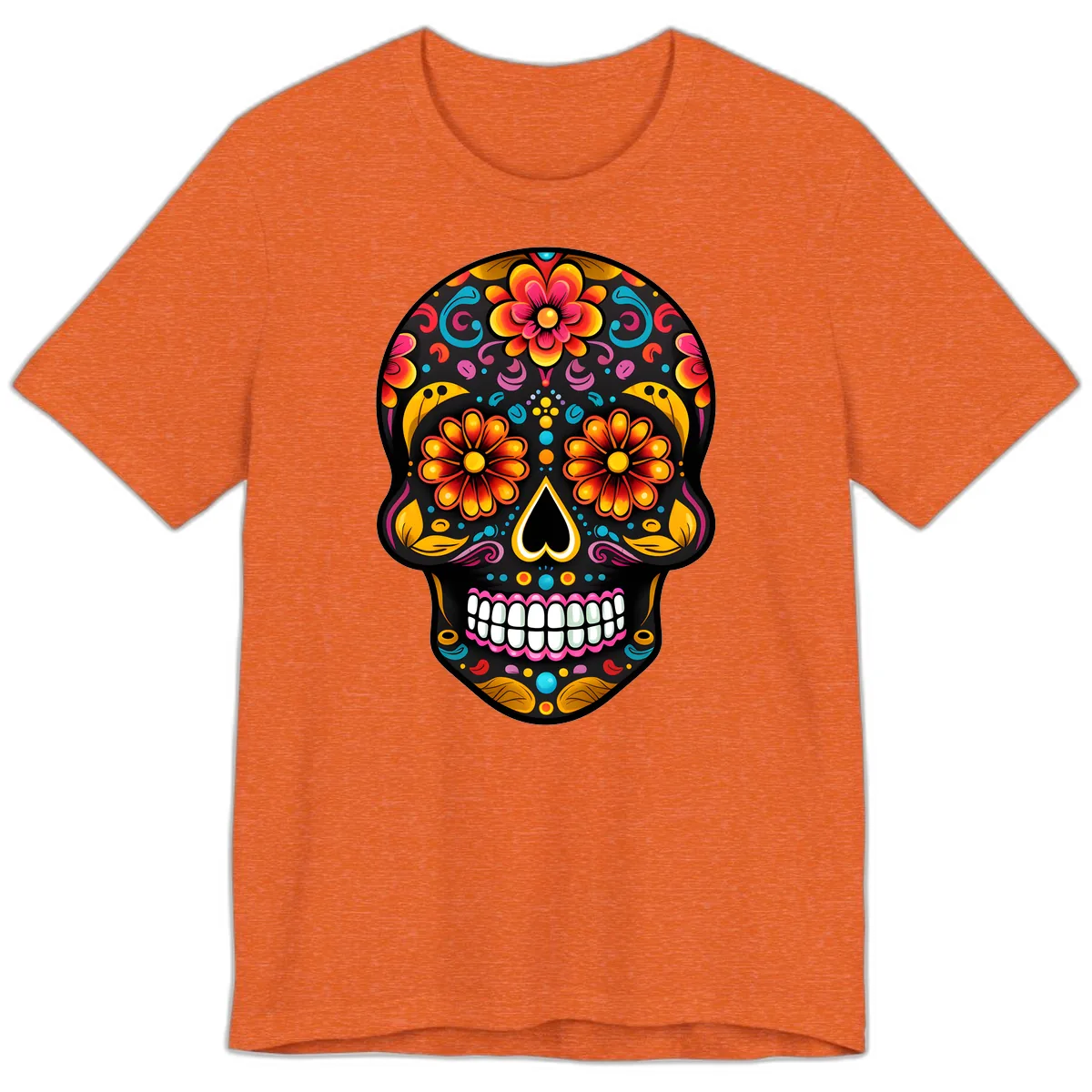 Vibrant Floral Calavera Sugar Skull Premium T-Shirt in Heather Orange