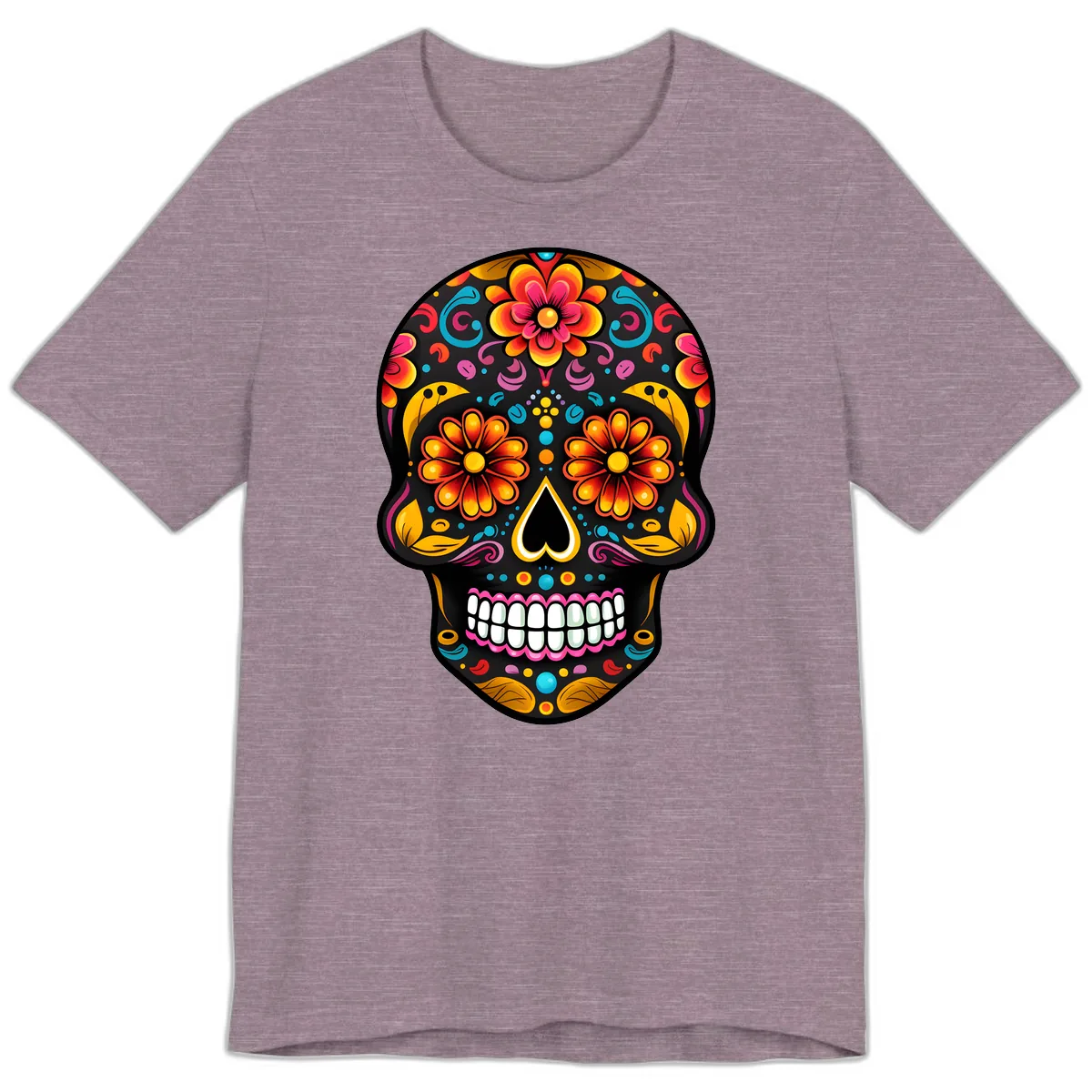 Vibrant Floral Calavera Sugar Skull Premium T-Shirt in Heather Purple